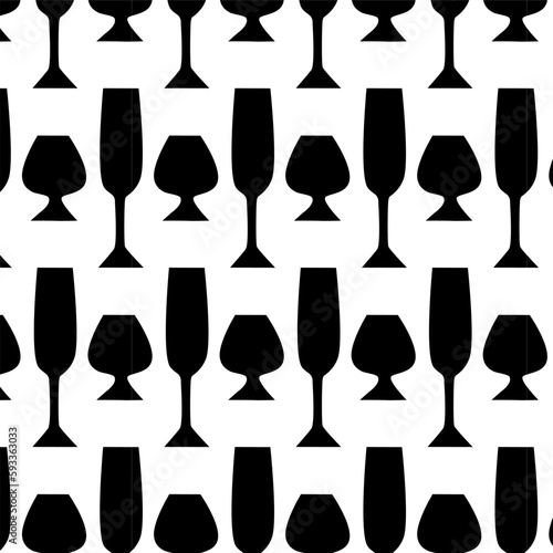 Vector pattern of black glasses of different sizes on a white background. Minimalism. Bar  cafe  restaurant  alcohol  dishes  shop. Product packaging  fabric  tablecloth  wallpaper. Eps10