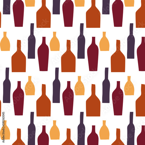 Colored vector pattern of a bottle, cocktail and glass on a white background. Orange, yellow, purple. Bar, cafe, restaurant, alcohol, summer, rest. Wrapping paper, fabric, tablecloth, wallpaper.Eps10