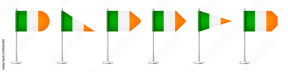 Realistic various Iriah table flags on a chrome steel pole. Souvenir from Ireland. Desk flag made of paper or fabric, shiny metal stand. Mockup for promotion and advertising. Vector illustration Realistic various Iriah table flags on a chrome steel pole. Souvenir from Ireland. Desk flag made of paper or fabric, shiny metal stand. Mockup for promotion and advertising. Vector illustration
