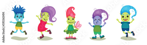 Cute Troll Characters with Different Skin and Hair Color Vector Set