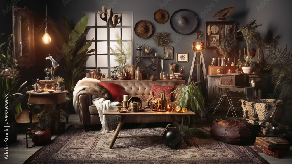 Exotic Living Room Interior, Modern interior design, 3D render, 3D illustration