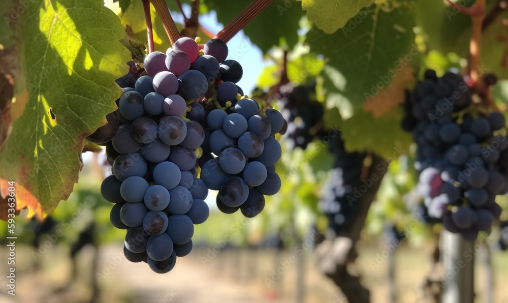 a bunch of grapes hanging from a vine in a vineyard. generative ai a bunch of grapes hanging from a vine in a vineyard. generative ai