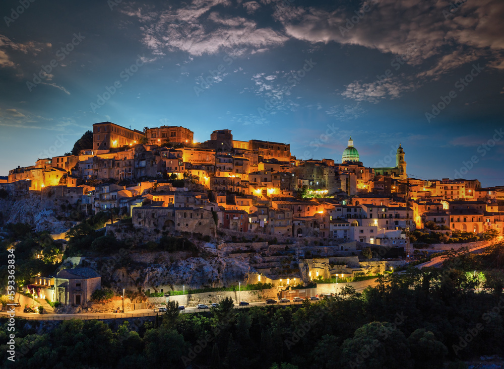 Night old medieval Ragusa Ibla famos Sicilian town view (Sicily, Italy). City lights of famous touristic destination. Unesco world heritage site.