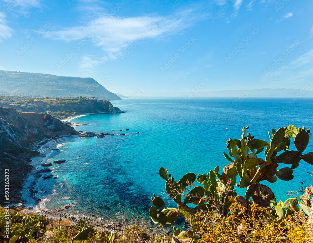 Beautiful Calabrian Tyrrhenian sea coastline landscape. Not far from Capo Vaticano Ricardi, Tropea, Calabria, Italy.