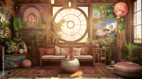 Exotic Living Room Interior, Modern interior design, 3D render, 3D illustration