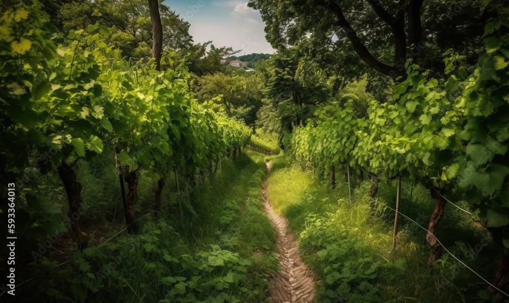  a dirt path surrounded by lush green trees and bushes on a sunny day.  generative ai