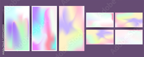 Gradient mesh cover set of backgrounds texture foil pearl shades. Abstract stylish gradient with holographic foil. 90s, 80s retro style
