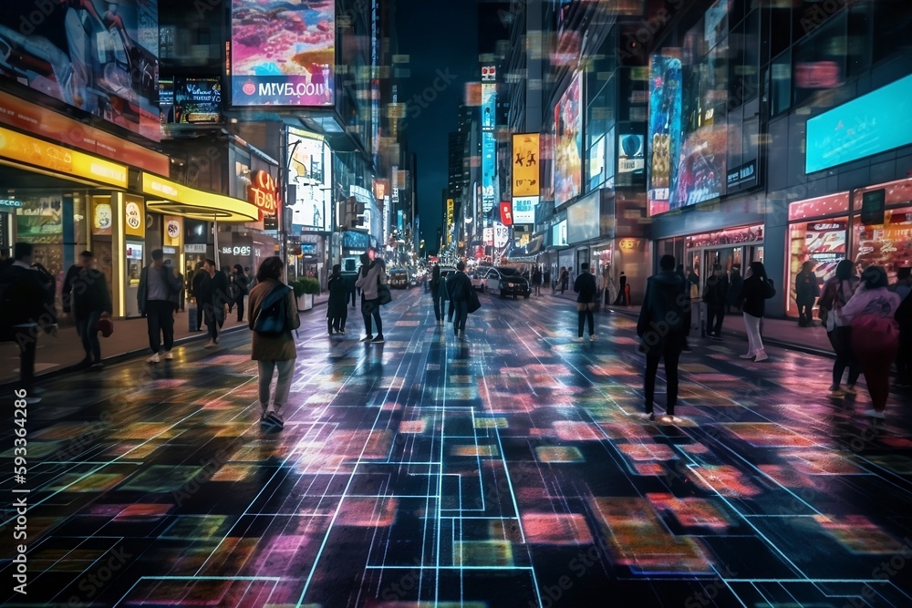 A vibrant image of a bustling shopping district, enhanced by the seamless integration of augmented reality (AR) technology (Generative AI)