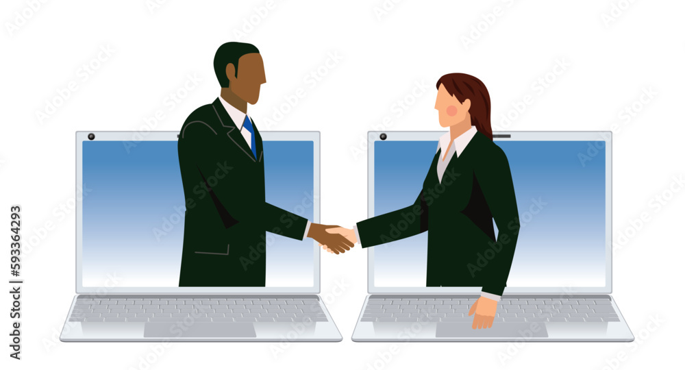 ビジネスのオンラインの商談のイメージのイラスト。パソコンの画面で握手する男女ビジネスマン