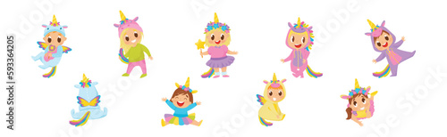 Baby Child Wearing Unicorn Costume and Smiling Vector Set