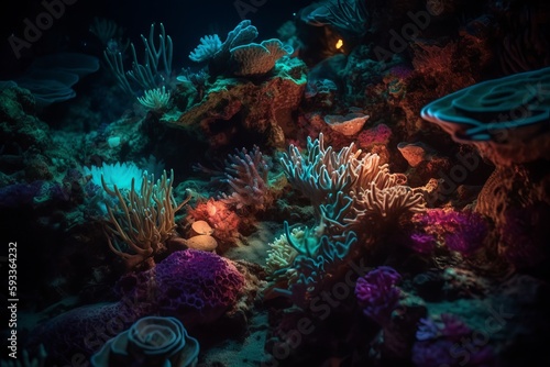 A coral reef glows neon in the darkness, creating a surreal underwater landscape