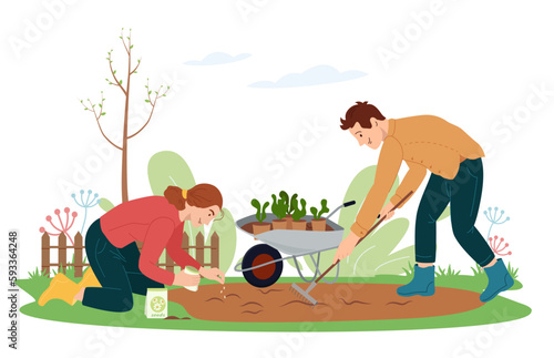 Boy and girl work in the garden Cute young woman sowing seeds of flowers on backyard in the spring Man raking the beds isolated on white Agricultural activity Vector illustration in flat style