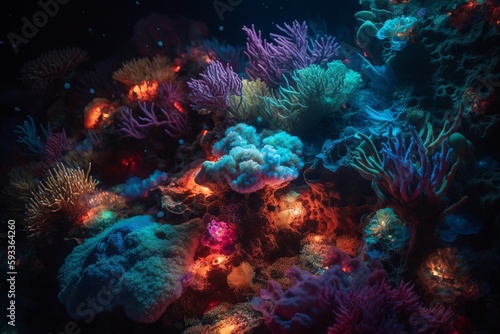 A coral reef glows neon in the darkness, creating a surreal underwater landscape © Sascha