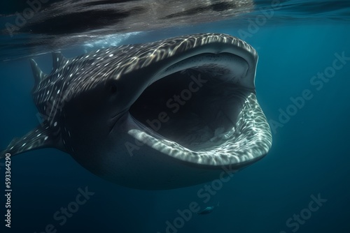 An enormous whale shark swims by gracefully, its mouth agape as it filters plankton from the water around you