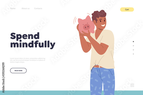Happy teenager boy character shaking piggy bank design for landing page with spend mindfully idea