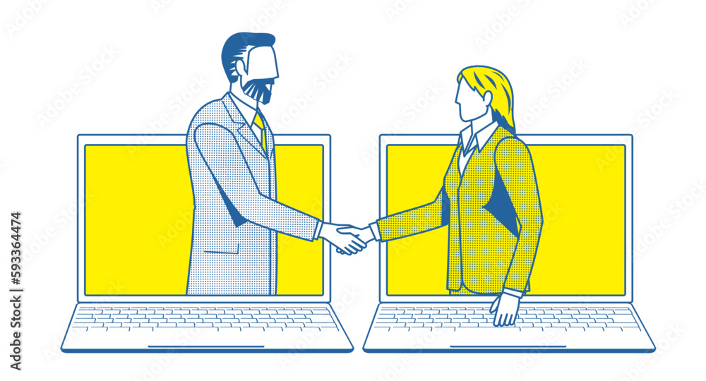 ビジネスのオンラインの商談のイメージのシンプルな2色のイラスト。パソコンの画面で握手するビジネスマン