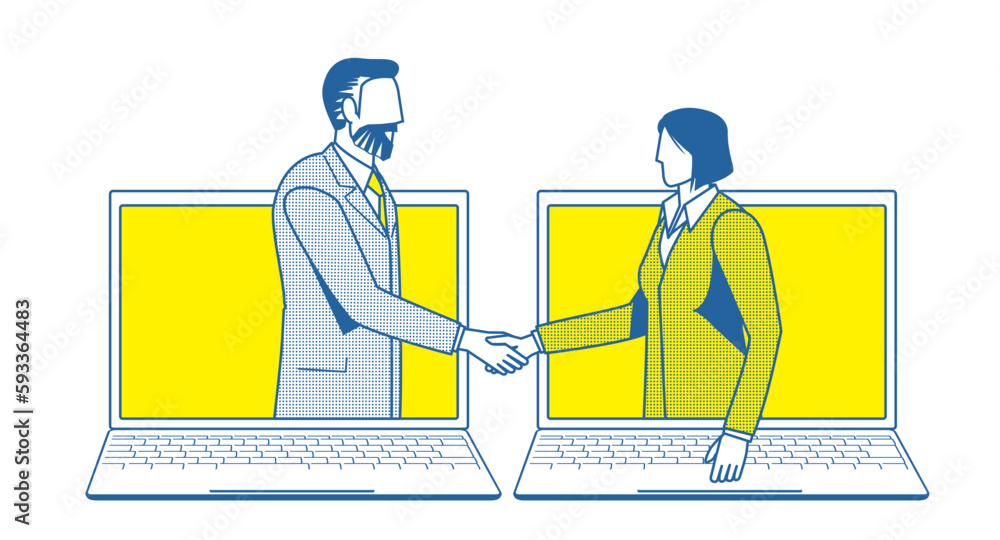 ビジネスのオンラインの商談のイメージのシンプルな2色のイラスト。パソコンの画面で握手するビジネスマン