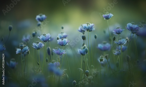  a bunch of blue flowers that are in the grass together.  generative ai