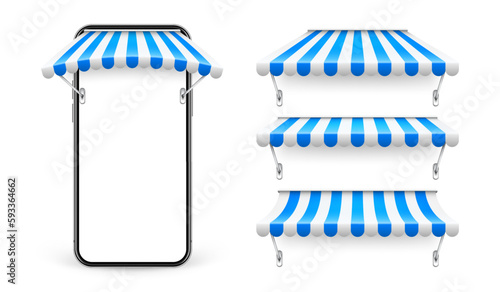 Smartphone with shop sunshade and metal mount, online internet shopping. Realistic blue striped cafe awning. Outdoor market tent. Roof canopy. Summer street store. Vector illustration