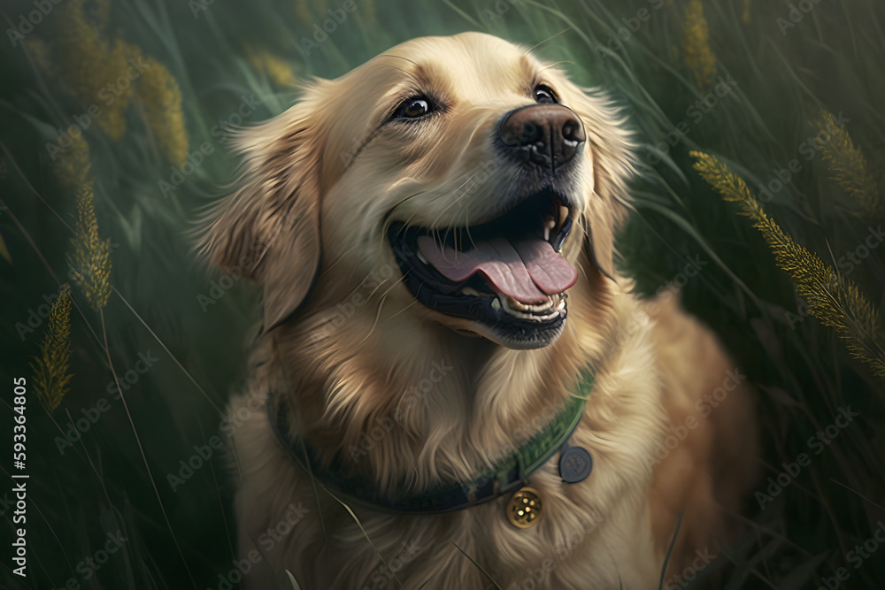 Sunny Day Dog: Golden Retriever Smiling in a Field of Tall Grass Sunny Day Dog: Golden Retriever Smiling in a Field of Tall Grass