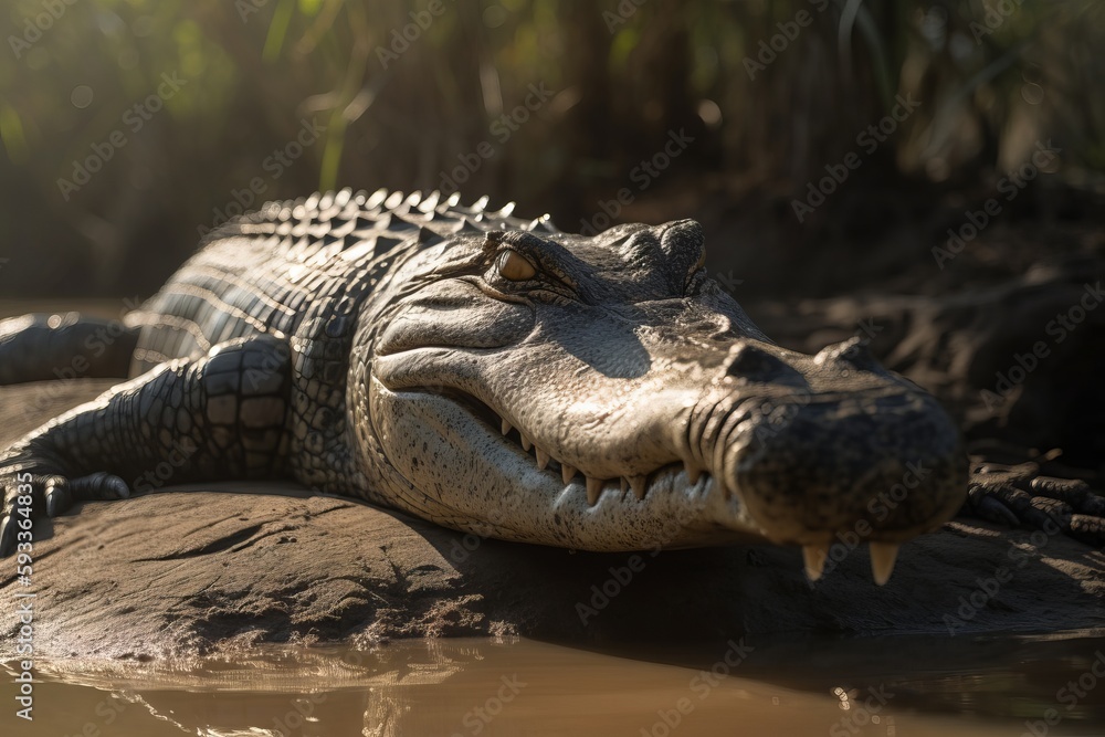 Fototapeta premium Photograph a crocodile basking in the sun on the riverbank