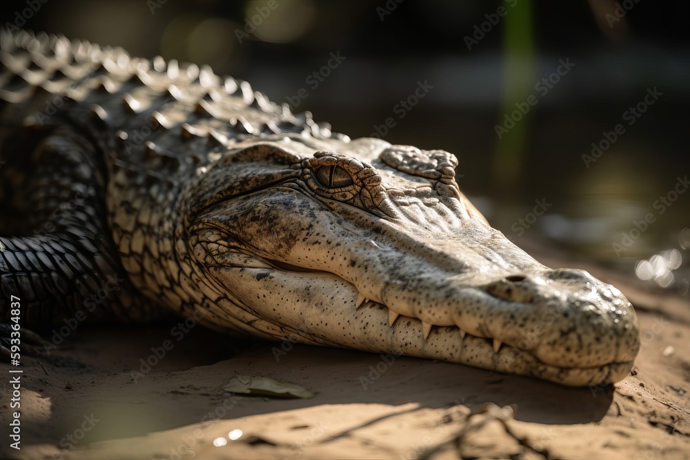 Photograph a crocodile basking in the sun on the riverbank Photograph a crocodile basking in the sun on the riverbank