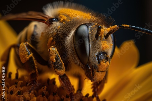 Bee on a Yellow Flower, Close Up, Macro