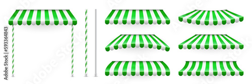 Green shop sunshade with stand holders. Realistic striped cafe awning. Outdoor market tent. Roof canopy. Summer street store. Vector illustration