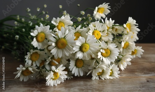 a bunch of white and yellow flowers on a wooden table.  generative ai © Anna