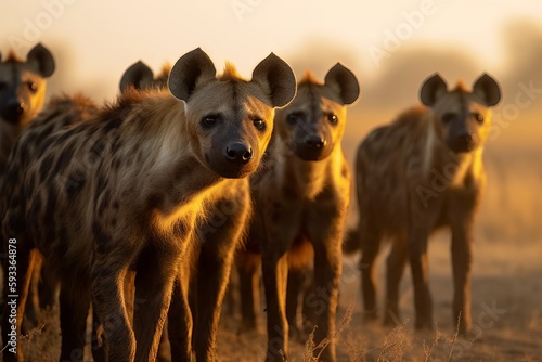 Observe a pack of hyenas scavenging for food in the early morning light