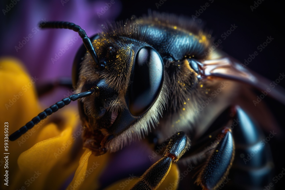 Bee on a Purple Flower, Close Up, Macro Bee on a Purple Flower, Close Up, Macro