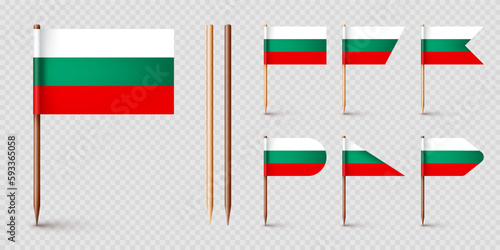 Bulgarian toothpick flags. Souvenir from Bulgaria. Wooden toothpicks with paper flag. Location mark, map pointer. Blank mockup for advertising and promotions. Vector illustration