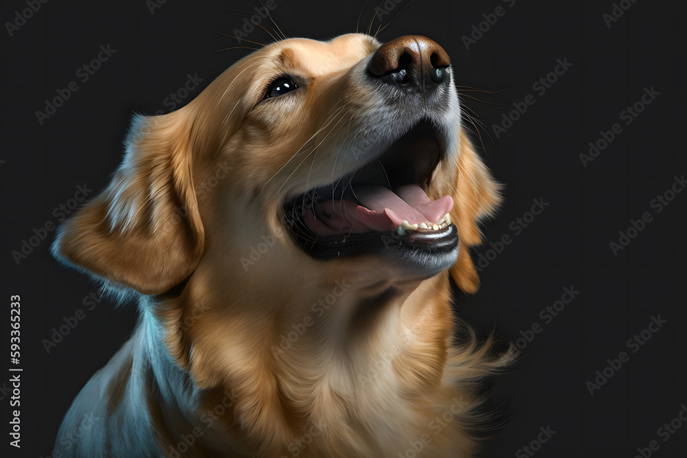 A golden retriever dog with its mouth open looking up