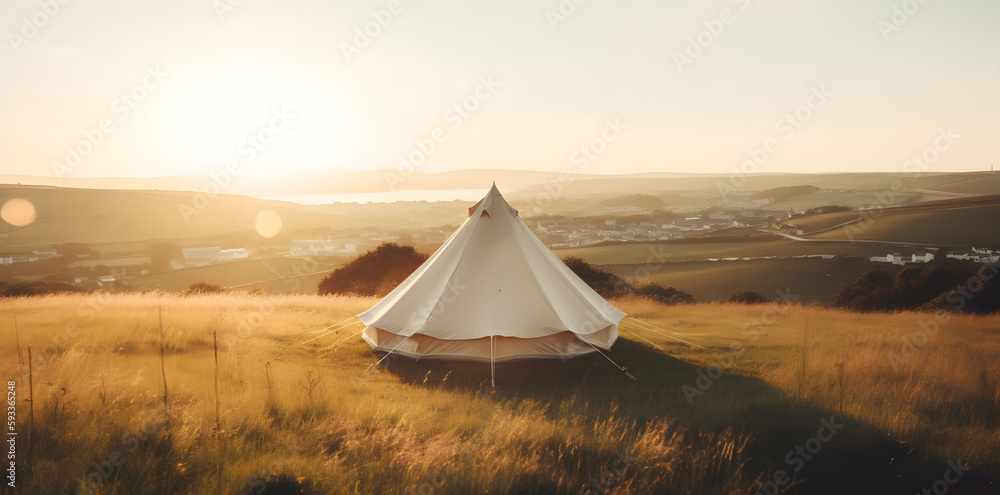 With a tent set up in a field and a gorgeous sunset as a backdrop, you may experience the majestic beauty of nature. The ideal natural wallpaper is this scene from nature.