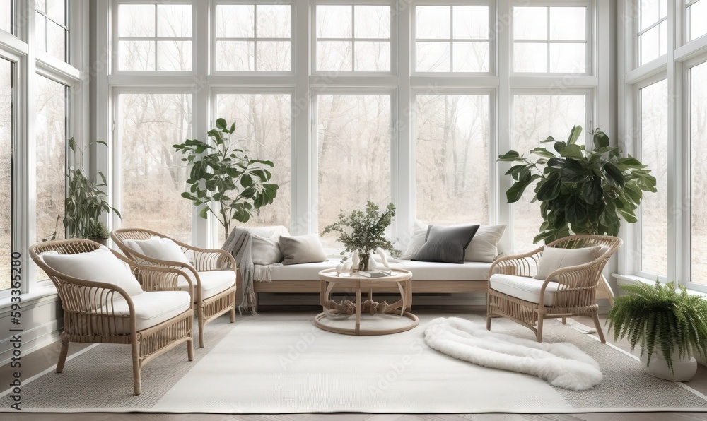 Fototapeta premium a living room filled with furniture and a large window covered in lots of windows. generative ai