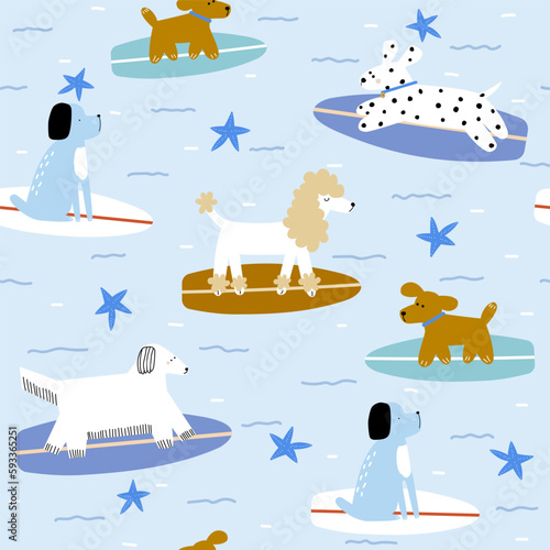 Cute surfers dogs in the ocean. Summer kids print. Vector hand drawn illustration.