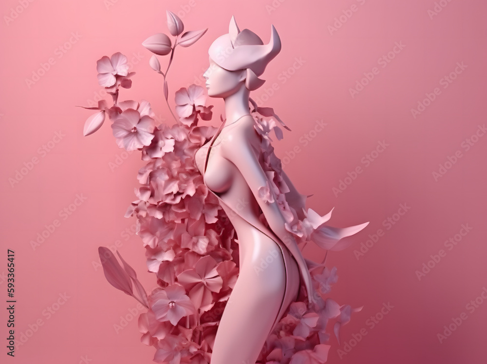 Fototapeta premium A woman sculpture with a hat and flowers on her head