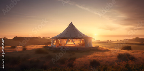 With a tent set up in a field and a gorgeous sunset as a backdrop  you may experience the majestic beauty of nature. The ideal natural wallpaper is this scene from nature.
