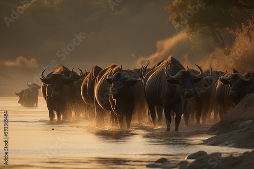 Observe a herd of buffalo crossing a river during migration season