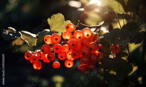  a bunch of red berries hanging from a tree with green leaves. generative ai