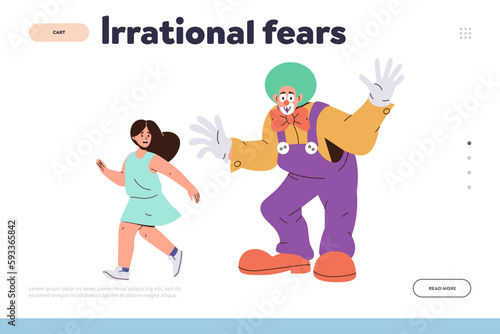 Landing page design template with irrational fears and little girl character scared by clown