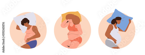 Set of isolated round icons with pregnant female characters sleeping on comfortable pillow