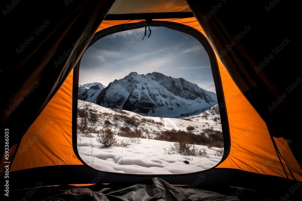 View from inside an orange tent, mountains, snow and blue sky