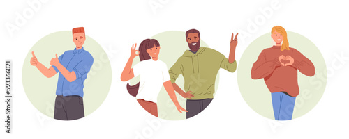 Different male and female people with positive gestures and happiness emotions on face set