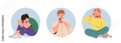 Set of isolated round icons with unhappy crying children character feeling stressed and lonely