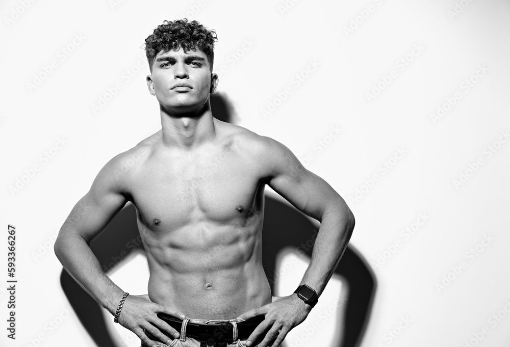Fototapeta premium man trendy attractive jeans arm adult shirtless black and white muscle model torso sexy