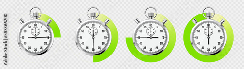 Realistic classic stopwatch. Shiny metal chronometer, time counter with dial. Green countdown timer showing minutes and seconds. Time measurement for sport, start and finish. Vector illustration