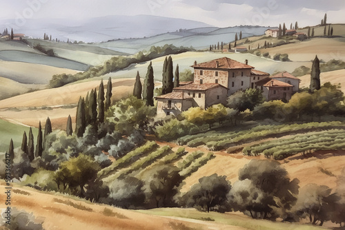 Artwork - watercolor pencil drawing of the Tuscany in Italy
