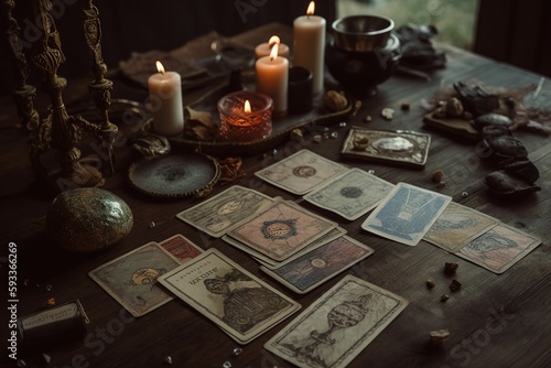 Tarot cards, but each card features interpretations of astrological transits or the positions of the planets in different houses of the zodiac. Two divination systems entwined. Generative AI