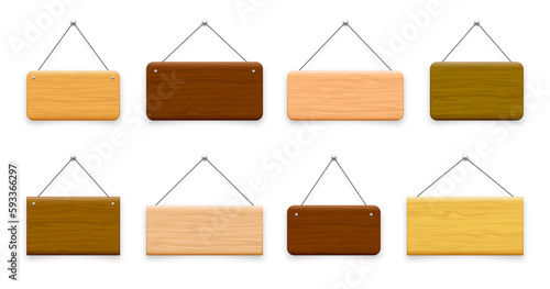 Wooden hanging signboards. Made of wood door sign for cafe, restaurant, bar or retail store. Announcement banner, information signage for business or service. Vector illustration